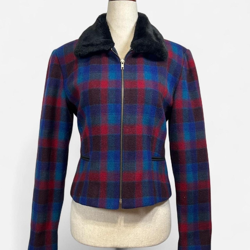 Vintage Elina Createur Wool Blend Plaid Crop Zip Up Blazer Fur Collar Sz 9 Retro
